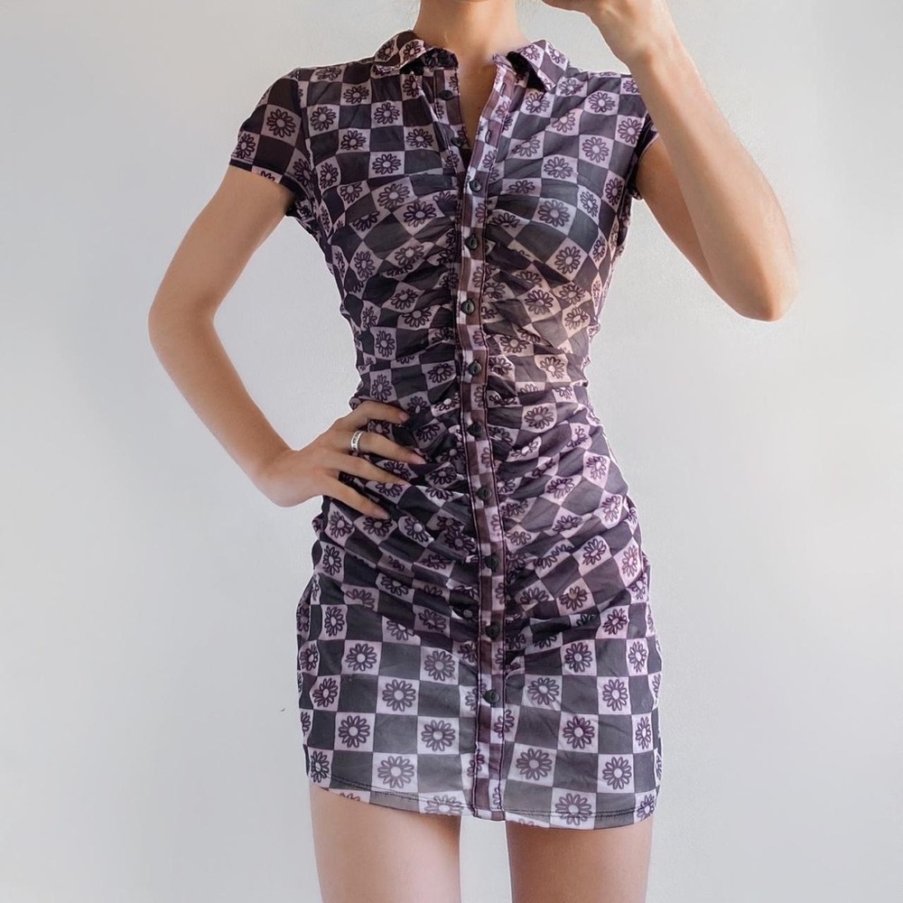 Urban Outfitters Short Sleeve Ruched Flower Mini Dress